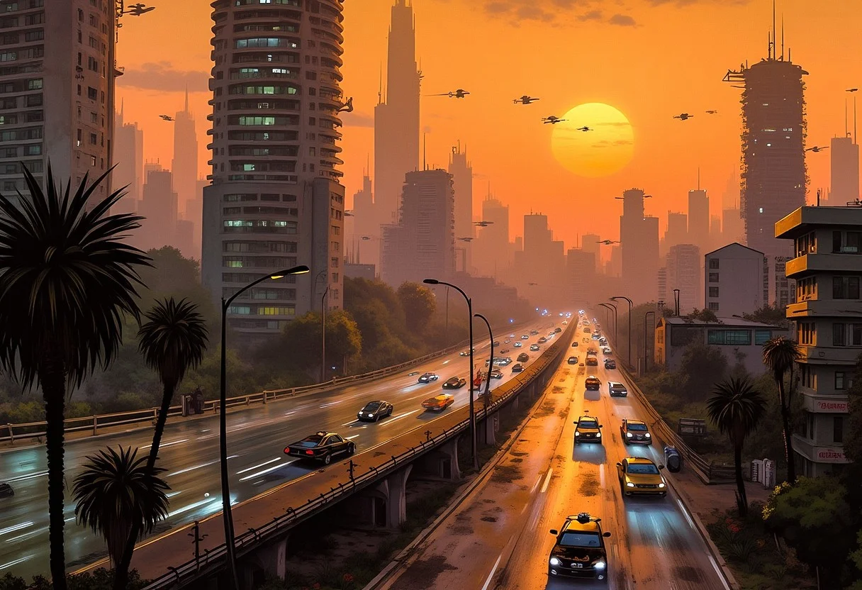 A bladerunners themed city urban, birds view, giant buildings, small in comparison flying cars are moving across the city, neon lights, dark, smoke, space ships, very detailed, 8k, trending, artstation, retro 80s colours, big sun in the background, jxj, sunset, sand in the air