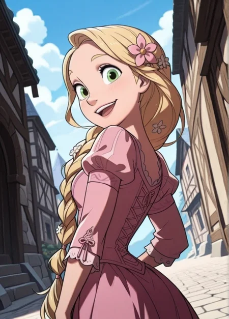 fireemblemxd,
masterpiece, best quality, amazing quality, very aesthetic, absurdres, newest, detailed background, cowboy shot, outdoors, dynamic angle, perfect eyes, beautiful eyes,
rapunzelxd, 1girl, solo, blonde hair, braid, hair flower, flower, hair ornament, long hair, smile, open mouth, looking back, puffy sleeves, looking at viewer, dress, long sleeves, juliet sleeves, upper body, single braid
<lora:Rapunzel_-_Disney_Illustrious:1>
<lora:Fire_Emblem_Style:1>,