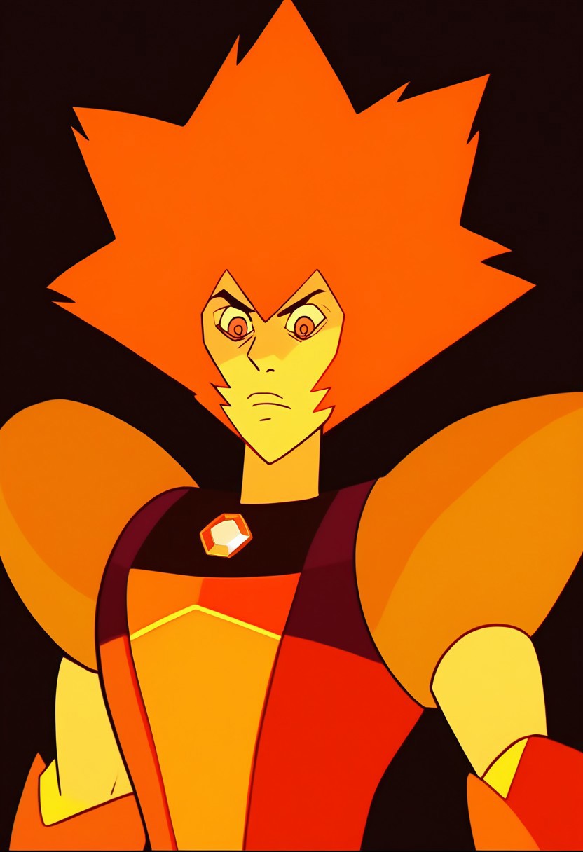 score_9, score_8_up, score_7_up, score_6_up, solo, source_cartoon, a muscular monster with a single orange gem embedded in their chest, wearing orange, muscular monster, yellow fur, yellow skin, orange eyes, orange chest gem, yellow monster, orange hair, orange theme, flat chest, shiny, dark background, best quality, illustration, cinematic lighting, masterpiece, highly detailed, black illustration lines,