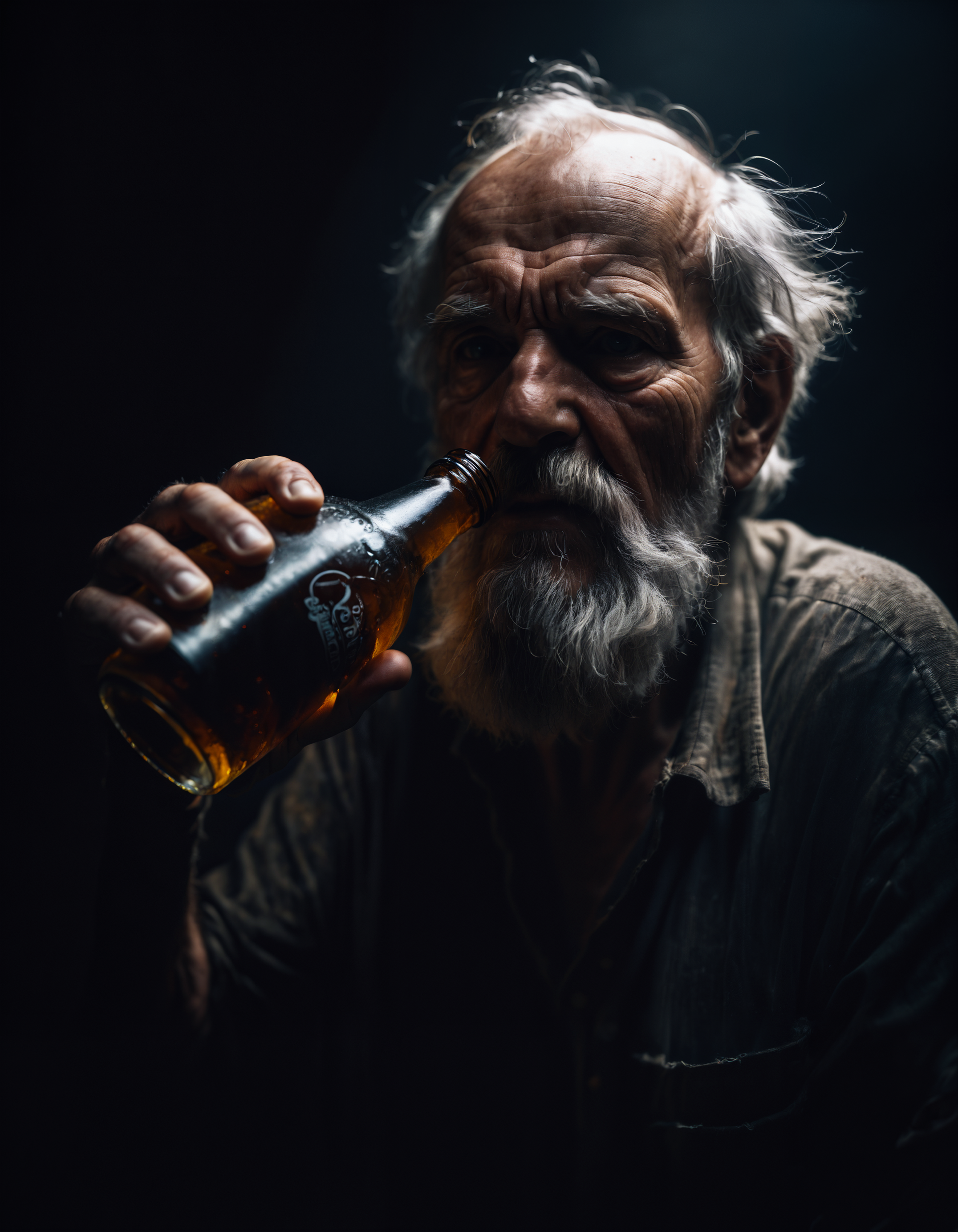 dark photo of a bearded old man drinking out of a beer bottle, 35mm cinematic, atmospheric lighting, 