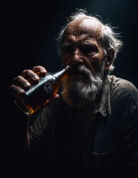 dark photo of a bearded old man drinking out of a beer bottle, 35mm cinematic, atmospheric lighting,