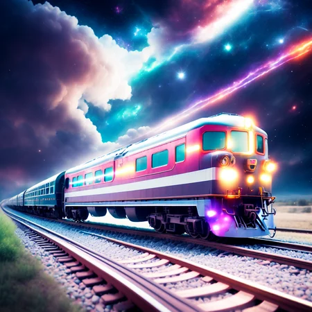 (CosmicTrain style:1) train traveling down train tracks <lora:djzCosmicTrainV21:0.8>
