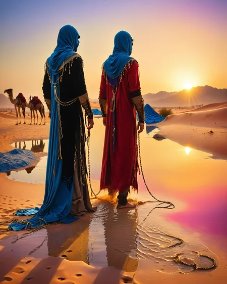 male hooded human sorcerer standing at a desert oasis, velvet, chains, water, reflections, sunset hour, intense colors, high contrast, camels, Bedouin warriors, <lora:add-detail-xl:1.0>, <lora:xl_more_art-full_v1:0.4>, <lora:XSfenlie:1> fenliexl, <lora:lora:1>, realistic photo