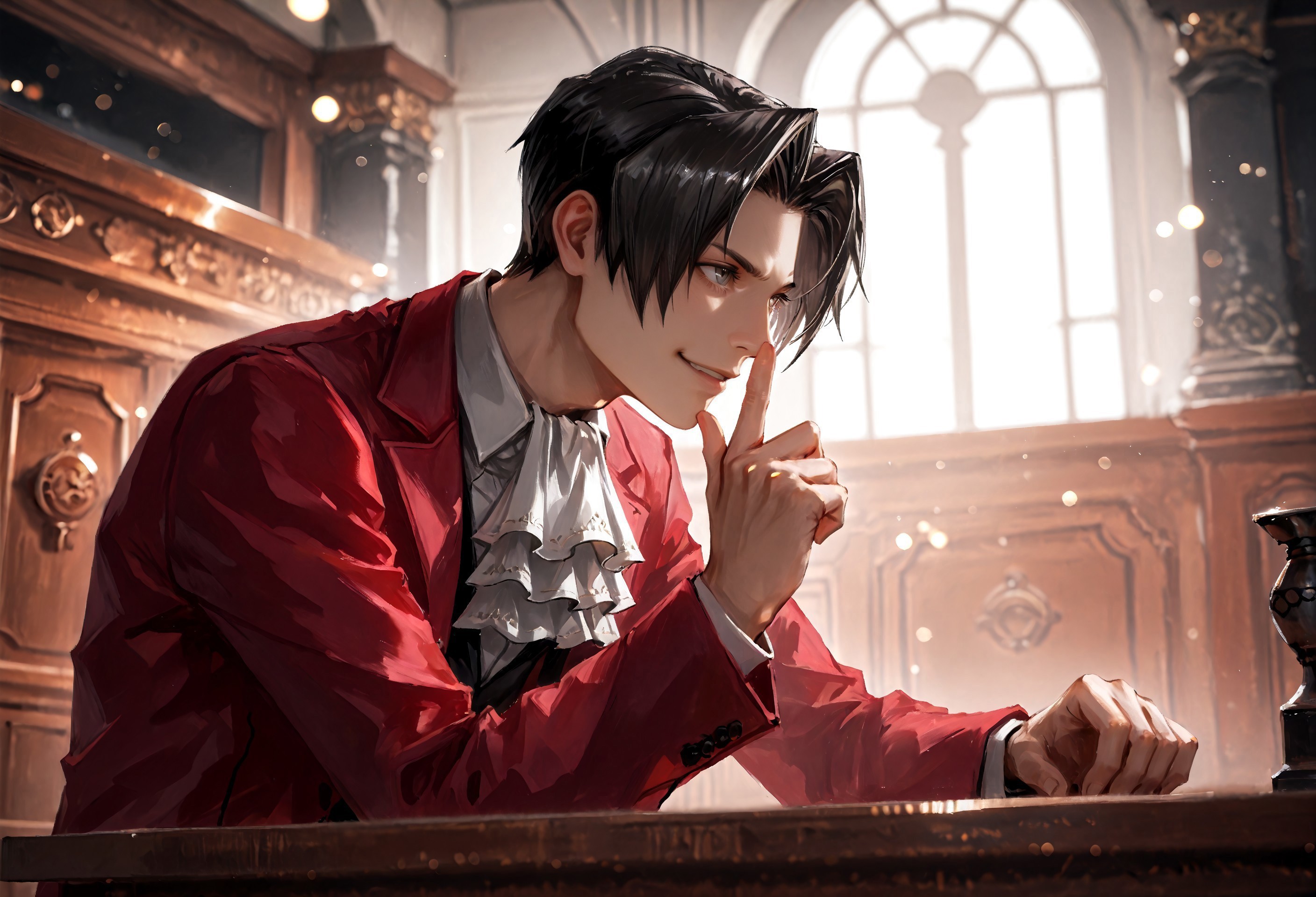 c0rtr00m,indoors, formal, courtroom, 1boy,male focus,Miles Edgeworth,tall,parted bangs,index to mouth,finger to mouth,silencing,negating,objecting,,hand on counter,courtroom,indoor,,dark hair,swept back hair,,ascot,red jacket,detailed face,dramatic,dramatic stance,dynamic pose,side view,high angle pose,ready,intense atmosphere, detailed clothing, dramatic lighting,stylish,((perfect eyes,dark eyes,grey eyes,),Shushing,hushing,from below angle,prideful,smug smirk,smartass,,dominant,profile,scowl,,expressive,cinematic,indoors,imponent ,chromatic aberattion,detailed eyes,perfect eyes,, cinematic,dutch angle,bokeh,depth of view, young,handsome,cute,handsome,young,cruel smile,smirk,detailed face,bending,head up.,leaning down,slighly annoyed,serious expression,cold gaze,cold stare,fierce