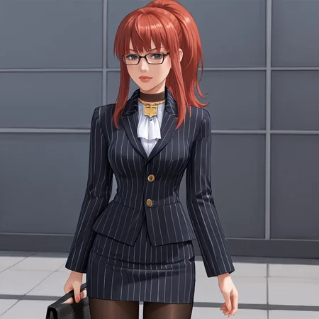 <lora:karinshadowheart_pony_v1:.8>KarinShadowHeart, 1girl, solo, red hair, ponytail, cowboy shot, facing the viewer,  <lora:0856 OL professional suit skirt 1_v1_pony:1> ruanyi0856,striped jacket,choker,black pantyhose,striped skirt,glasses,black skirt,pinstripe pattern