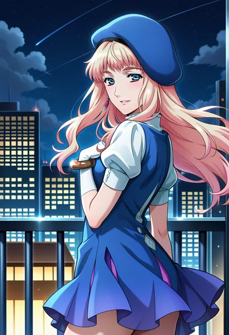 rooftops, cityscape, night,
BREAK,
light smile, looking at viewer, parted lips, hand on chest,
cowboy shot, from side, looking away,
BREAK,
<lora:sherylX_illustriousXL_v01:0.99>
sheryl nome, sherylcasb, blonde hair, blue beret, gradient hair, blue eyes, single earring,
juliet sleeves, white sleeves, blue vest, blue skirt, high collar, short sleeves, asymmetrical dress, pink ribbon, white gloves, bangle,, source_anime, very aesthetic, anime coloring, masterpiece,
best quality, amazing quality, ultra detailed, very aesthetic,
detailed background,
BREAK,