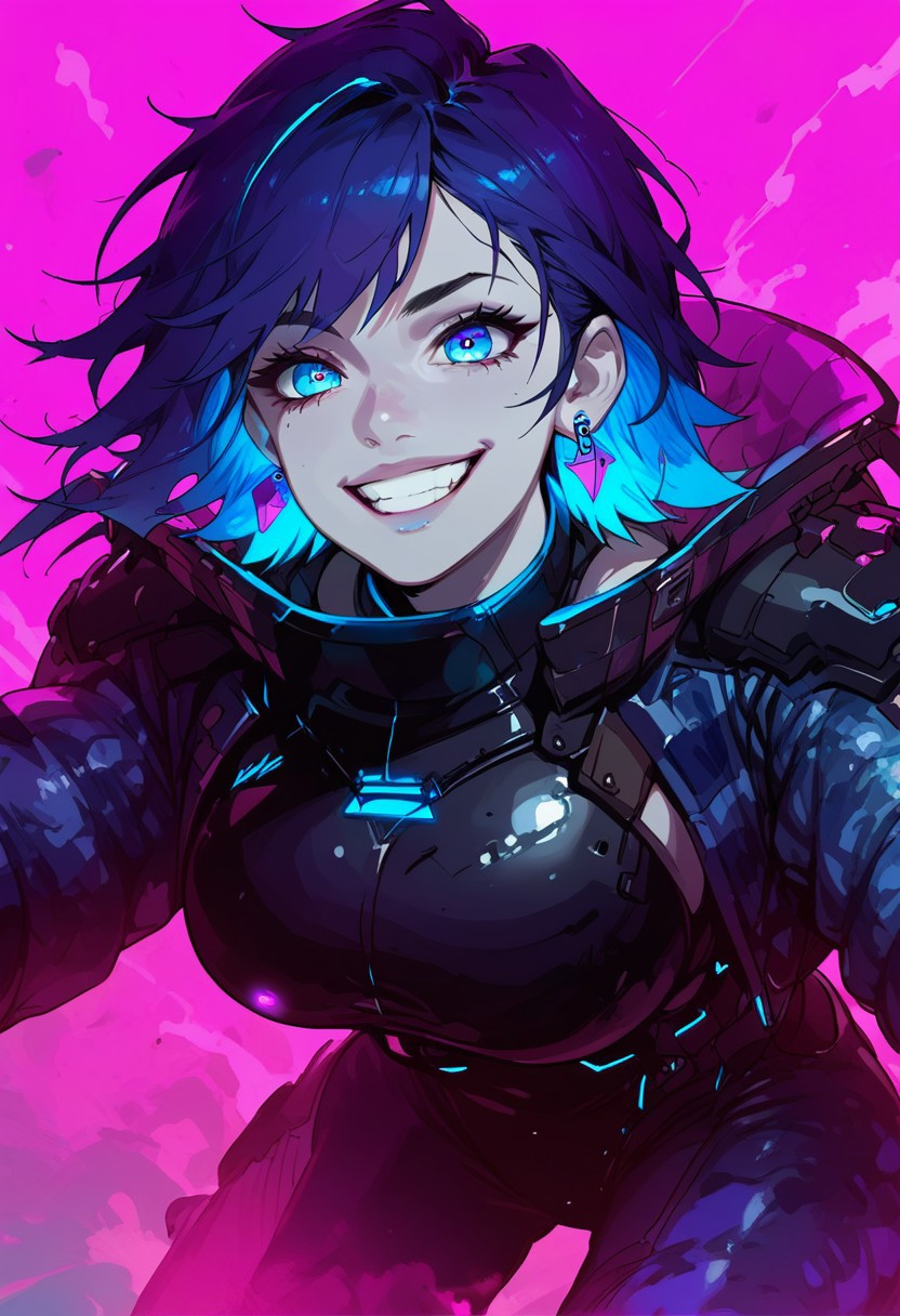 score_9, score_8_up, score_7_up, (((daytime, pink lighting)), (scifi, parking lot), young woman, pale skin, blues eyes, glowing eyes, detailed face, (happy expression), Expressiveh, (blue star earrings), large breasts, (multi colored hair, streaked hair, dark blue hair, dark purple hair), (blue colored inner hair), short hair, messy hair, (purple and blue camouflage armored jacket), (standing, bent forward, beckoning) (city), (depth of field, front view)