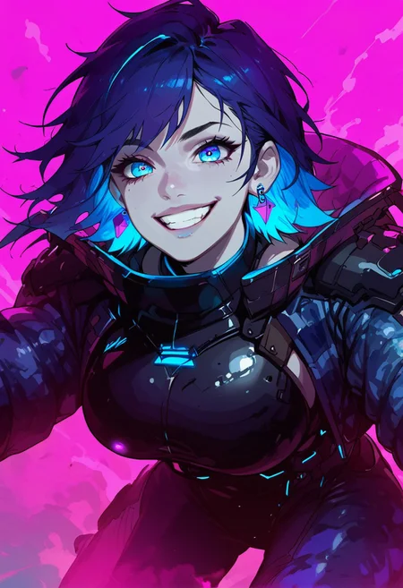 score_9, score_8_up, score_7_up, (((daytime, pink lighting)), (scifi, parking lot), young woman, pale skin, blues eyes, glowing eyes, detailed face, (happy expression), Expressiveh, (blue star earrings), large breasts, (multi colored hair, streaked hair, dark blue hair, dark purple hair), (blue colored inner hair), short hair, messy hair, (purple and blue camouflage armored jacket), (standing, bent forward, beckoning) (city), (depth of field, front view)