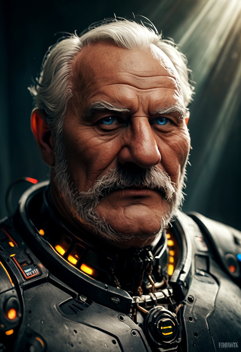realistic, closeup portrait, face portrait, focus on face, seen from the side, dark cyberpunk megacity, neonlit background, volumetric light rays, natural light, alone, solo, relaxed cute pose, arm resting on leg, old granddad, old man, grandpa, tanned skin, strong tan, pubic-hair, small flat crooked down nose, bushy eyebrows, hairy chest, chesthair, strong manly round chubby face, deep blue eyes, (charming, handsome, sensual, arrogant, challenging), wearing cybernetic armor, cables and wires, analogue tech, scifi armor, latex bodysuit, cybernetic bodysuit, cyberpunkt accessoires