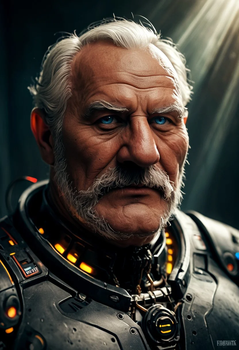 realistic, closeup portrait, face portrait, focus on face, seen from the side, dark cyberpunk megacity, neonlit background, volumetric light rays, natural light, alone, solo, relaxed cute pose, arm resting on leg, old granddad, old man, grandpa, tanned skin, strong tan, pubic-hair, small flat crooked down nose, bushy eyebrows, hairy chest, chesthair, strong manly round chubby face, deep blue eyes, (charming, handsome, sensual, arrogant, challenging), wearing cybernetic armor, cables and wires, analogue tech, scifi armor, latex bodysuit, cybernetic bodysuit, cyberpunkt accessoires