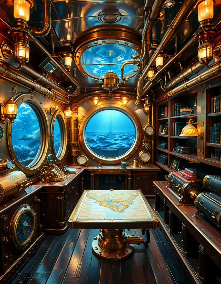 A stunning and intricate view of the interior of the Nautilus submarine, inspired by Jules Verneâs steampunk aesthetic. The room is a mix of Victorian elegance and advanced 19th-century marine engineering. The walls are lined with riveted brass and copper pipes, with intricate pressure gauges and mechanical levers. A massive, round glass porthole offers a breathtaking underwater view of deep-sea creatures swimming in the dark abyss. The warm glow of antique oil lamps and gaslights illuminates the space, casting soft golden reflections on the polished mahogany furniture and ornate brass railings. A large wooden desk is covered with old nautical charts, compasses, and a logbook filled with Captain Nemoâs notes. In the background, a library with leather-bound books and scientific instruments is neatly arranged on wooden shelves, emphasizing the scholarly and adventurous nature of the vessel. The ambiance is a perfect fusion of mystery, science fiction, and vintage maritime beauty, evoking a sense of wonder and deep-sea exploration.<lora:SDXLFaeTastic2400:0.4> <lora:extremely_detailed:0.4> extremely detailed, <lora:Nautilus_subm4r1n3:1>,Nautilus subm4r1n3, Masterpiece,best quality,hi res,8k,hi res,8k,award winning,(sharp focus, intricate, highly detailed),