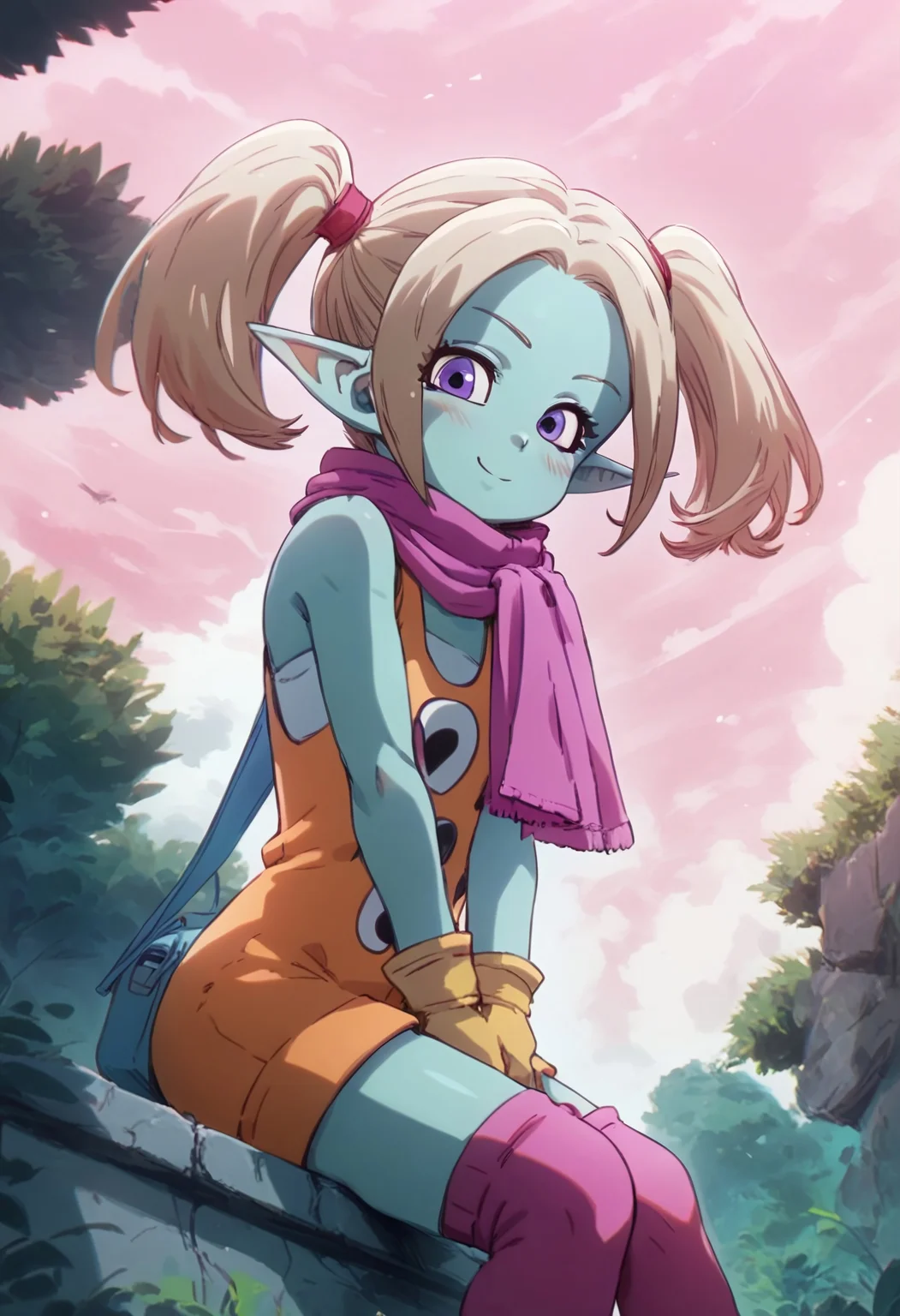safe_pos, score_9, score_8_up, score_7_up, 1 girl, solo, female, extremely detailed, Panzy, pointy ears, colored skin, twintails, blue skin, purple eyes, gloves, short jumpsuit, scarf, outdoors, view from below, looking at viewer, smile, blush, sitting, short, small body, pink sky, thighhighs