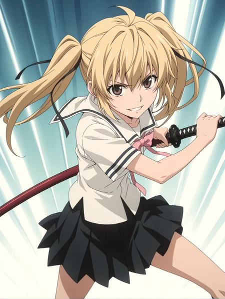 masterpiece,best quality,newest,
1girl,solo,
anime screencap,<lora:s_raimei_ilxl_v1.0:1>,s_raimei,blonde hair,hair bow,twintails,brown eyes,
r_clothes,serafuku,ribbon tie,white shirt,black pleated skirt,black kneehighs,
r_katana,red scabbard,<lora:Fixhands_anime_bdsqlsz_V1:1>,white_background,simple_background,fighting,fighting_stance,ready to draw,grin,looking_at_viewer,