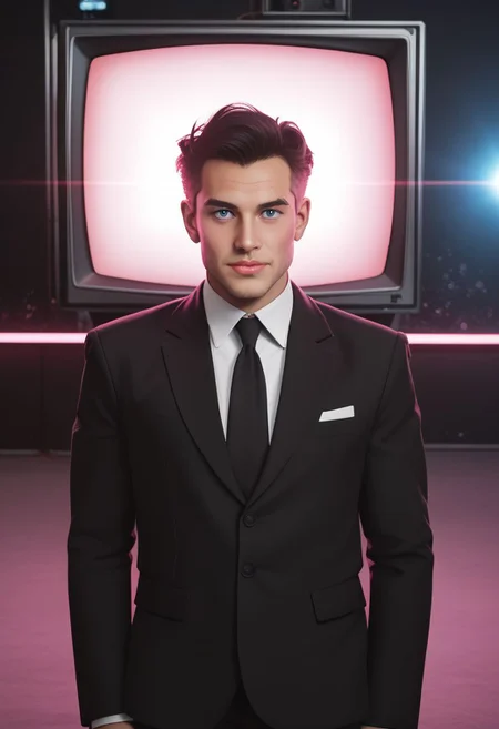 an interesting composition of (dzktxez) , a realistic scene of a cartoon being shown on the TV, extremely detailed, cyberpunk theme, retro futurism, 128k, in this scene there is a person that has a ((television)) for their head, looking at viewer, (tv head),1boy, male focus, they are wearing a formal black suit, ultra HD, realistic 8K raw photography, prismatic sci fi inspired DSLR photography, HDR, UHD, 64K, vivid details, vibrant colors, natural lighting, volumetric lighting, bokeh, zPDXL