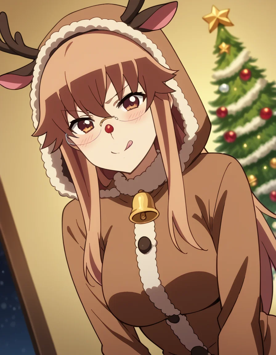 score_9, score_8_up, score_7_up, source_anime, <lora:charlotte-zoom-s1-ponyxl-lora-nochekaiser:1>, charlotte zoom, long hair, brown hair, brown eyes, glasses, sidelocks, large breasts, anime screencap,, <lora:reindeer-costume-ponyxl-lora-nochekaiser:1>, reindeer costume, animal costume, reindeer antlers, antlers, fake antlers, reindeer hood, christmas, red nose, deer ears, deer tail, christmas tree, bell, horns, reindeer,, blush, smile, tongue out, looking at viewer,, , dutch angle, cowboy shot
