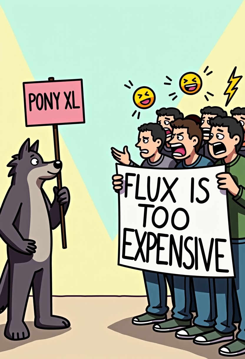 The image depicts a satirical cartoon scene with two distinct groups of people. On the left side, a lone anthropomorphic furry individual holds a banner that reads “PONY XL” Meanwhile, on the right side, an angry mob of people appears more agitated, holding a banner that declares “FLUX IS TOO EXPENSIVE,” featuring  lightning bolt emojis illustrated on it.