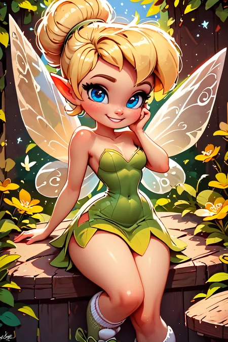 score_9, score_8_up, score_8, medium breasts, (curvy), cute, eyelashes, BREAK, , BREAK, TinkerWaifu, fairy wings, blonde hair, blue eyes, green dress, sexy, hair bun,, <lora:tinkerbellPonyXL_character:0.8>,, socks, big shoes, <lora:CuteToonPDXL:0.8>, , BREAK, smile, looking at viewer, cowboy shot, embedding:zPDXL, Expressiveh, <lora:SDXLFaeTastic2400:0.5>, <lora:Expressive_H-000001:0.4>,