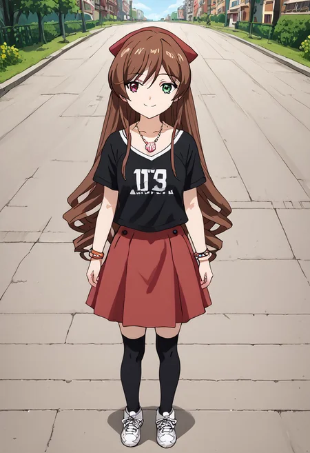 score_9, score_8_up, score_7_up, score_6_up, high resolution, gorgeous, absurdres, best quality, anime screencap, source_anime, Expressiveh, 1girl, outdoors, daytime, suiseiseki, def, solo, brown hair, twin drills, heterochromia, smile, Black t-shirt, red skirt, pleated skirt, shell necklace, bracelets, Black thighhighs, sneakers
