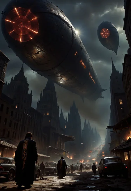 Under a dark, hazy sky, the view from a crowded city street reveals three colossal futuristic zeppelins hovering overhead, their surreal size casting immense shadows over the skyline. The zeppelins, adorned with matte black and glowing crimson patterns, pulse with an ominous energy, their jagged designs and glowing undercarriages evoking fear and awe. Spotlights beam down from their massive forms, illuminating the chaos below and reflecting off shattered glass and rain-slick pavement. The city is deserted, the streets are filled with abandoned vehicles, overturned carts, and scattered debris. Some building are on burning and others billow black smoke. Despite all the chaos, one figure stands out—a lone individual clad in a tattered robe with patterns mirroring the zeppelins' crimson and black hues. The lone individual in a tattered robe walks calmly down the center of the street, their head bowed slightly, exuding an eerie calm that contrasts with the frantic movement around them. The towering skyscrapers, cracked and weathered, rise into the haze, their tops obscured by the glowing light of the zeppelins. The dark atmosphere, tinged with a faint red glow from the hovering giants, feels oppressive, as if the city itself cowers beneath their presence. The lone figure’s steady, deliberate pace adds a surreal, almost reverent element to the scene.