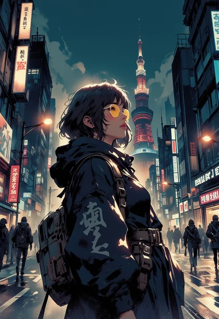 Mh1$AgThS2, intricate linework with expressive contrasts, soft lighting with dynamic highlights, Japanese woman in urban streetwear, oversized jacket, cyberpunk tinted sunglasses, standing on a Tokyo street looking up at Tokyo Tower, cityscape, night, silhouetted, directional light from streetlamps. Impressionistic, ligne claire outlines for clarity and structure, In the style of ff-td