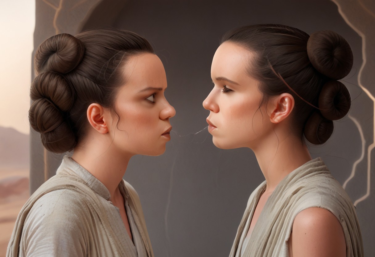 Princess Leia and Rey trying to kiss each other, Leia dominated by Rey