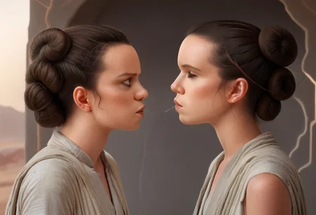 Princess Leia and Rey trying to kiss each other, Leia dominated by Rey