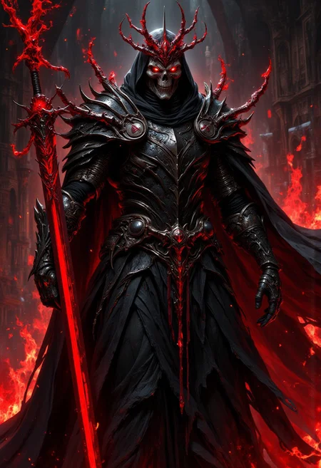 Knight. Black Knight in a long black robe. skeletal face helmet. Holding a giant red bloody seven branched sword. Background of flames, CAICO
