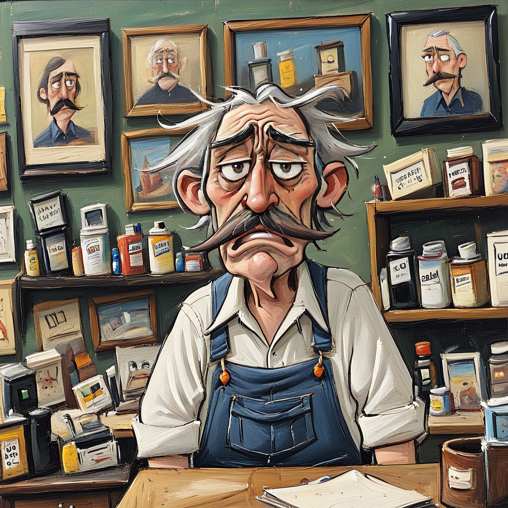 <lora:Expressionism_CartoonsSDXL:1> Expressionism Cartoons, The image shows an old man sitting at a desk in a store surrounded by a variety of objects on the table in front of him. On the left side of the image there is a cupboard filled with books and other objects and on the right side there are photo frames on the wall. The painting is an oil painting by artist Eric Gifford., mustache, male focus, facial hair, 1boy, old, overalls, shirt, old man, white hair, collared shirt