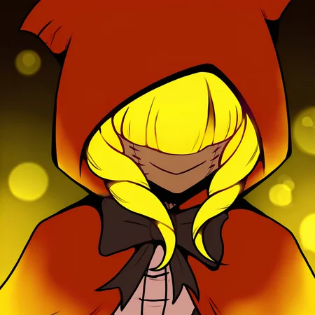 highres, best quality, masterpiece, very aesthetic, newest, <lora:ChaperomonIllustrious-000009:1>,1girl,solo,chaperomon,red hood,ribbon,dress,cape,stitched face,blonde hair, cropped,portrait,hdr,dynamic lighting,vivid color,bokeh,two-tone background,red and yellow gradient,smile,shadow