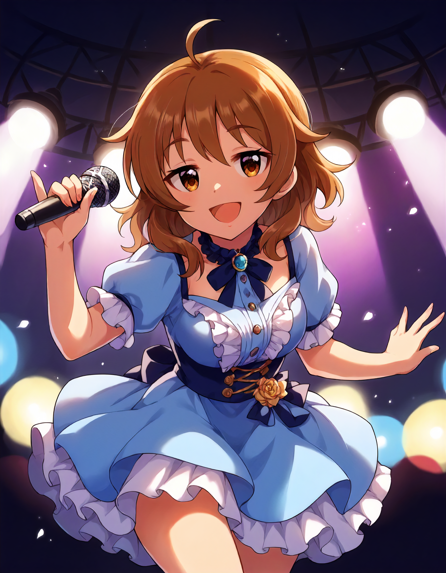 score_9,score_8_up,score_7_up,1girl,solo,cowboy shot,smile,open mouth,looking at viewer,stage lights,holding microphone,
<lora:arakihina_ponyXLV6:0.8>,cgarh,
brown hair,medium hair,ahoge,brown eyes,
blue dress,frills