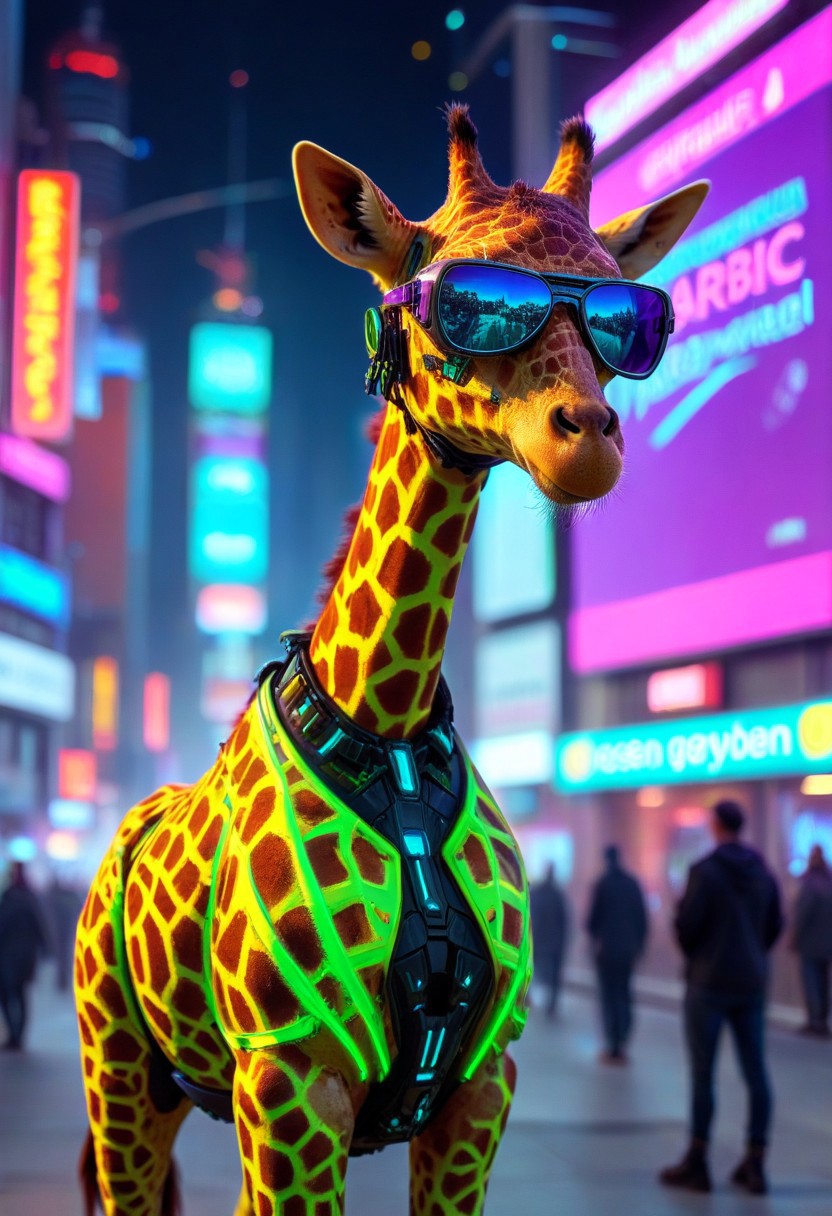 420futurism, An epic photo of a futuristic giraffe wearing stylish cyberpunk sunglasses, neon color, masterpiece, best quality, highly detailed, sharp focus, dynamic lighting, flux-style,