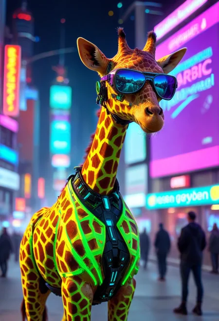 420futurism, An epic photo of a futuristic giraffe wearing stylish cyberpunk sunglasses, neon color, masterpiece, best quality, highly detailed, sharp focus, dynamic lighting, flux-style,