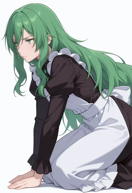 Smooth Quality,masterpiece,very intricate, high quality details, ultra realistic, high detailed skin,detailed enviorement,absurdres,
simple background, white background,
from side,kneeling, one hand on ground, reaching forward, focused, tense, ,furrowed brow,
<lora:Misery_cnn:0.8> 1girl, green hair, green eyes, hair between eyes, frown, very long hair, sidelocks,dress, shirt,maid apron, puffy sleeves, long sleeves, juliet sleeves, enmaided,