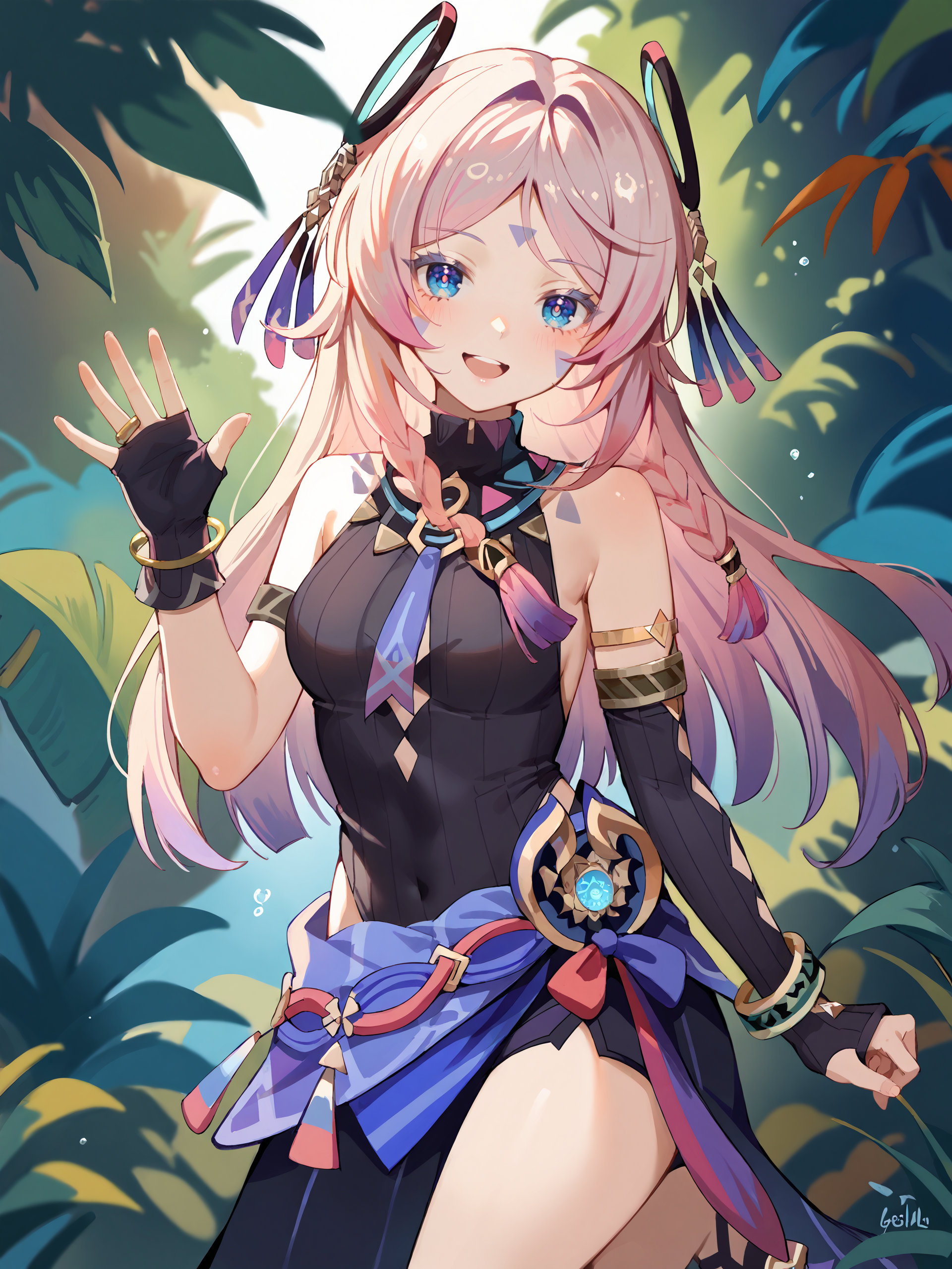1girl, citlali \(genshin impact\), fingerless gloves, armlet, sarong, facial mark, bracelet, ring hair ornament, turtleneck leotard, leg tatoo, single gauntle, looking at viewer, smiling, open mouth, jungle, outdoors, depth of field, standing on one leg, waving, cowboy shot  <lora:Char-Genshin-Citlali-V1-Pony:0.9>, score_9, score_8_up, score_7_up, source_anime