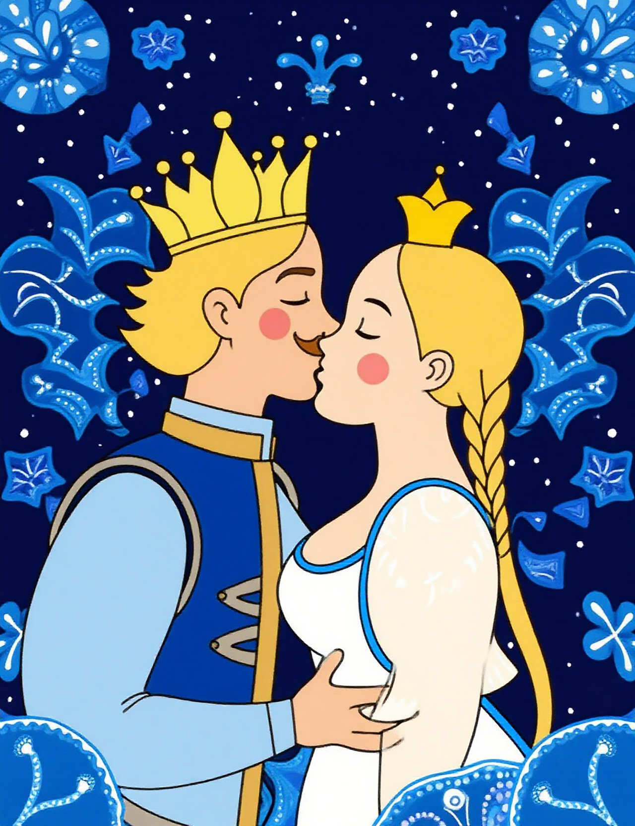 Folk tale in the style of hunfolstyle, featuring a romantic scene of a prince and princess sharing a kiss. The prince, on the left, has blonde hair, a golden crown, and a mustache. He wears a blue vest over a light blue shirt, with a small, intricate pattern on the vest. The princess, on the right, has long, blonde hair braided over her shoulder and wears a white dress with a blue and gold pattern. She also has a small crown. Both characters are depicted with rosy cheeks, closed eyes, and slightly parted lips, suggesting a tender moment.
The background is a dark blue night sky dotted with white stars, creating a serene and dreamy atmosphere. Surrounding the central figures are intricate, swirling patterns in blue and white, resembling flower petals or snowflakes, adding a sense of depth and texture to the image. The overall style is whimsical and fairy-tale inspired, with bold, clean lines and vibrant colors. The image evokes a sense of magical, romantic enchantment, typical of fairy tales or bedtime stories. 