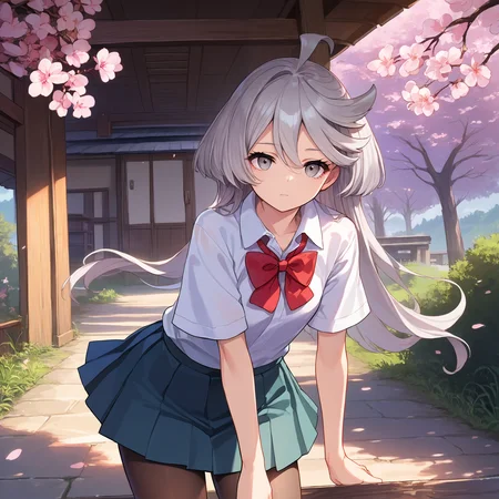 score_9, score_8_up, score_7_up, score_6_up, score_5_up, score_4_up, BREAK source_anime, look at viewer, 1girl, solo, outdoors, cherry blossom, masterpiece, best quality, high detailed skin, miorine rembran, grey hair, long hair, ahoge, grey eyes, school uniform, collared shirt, white shirt, bowtie, pleated skirt, pantyhose, short sleeves,