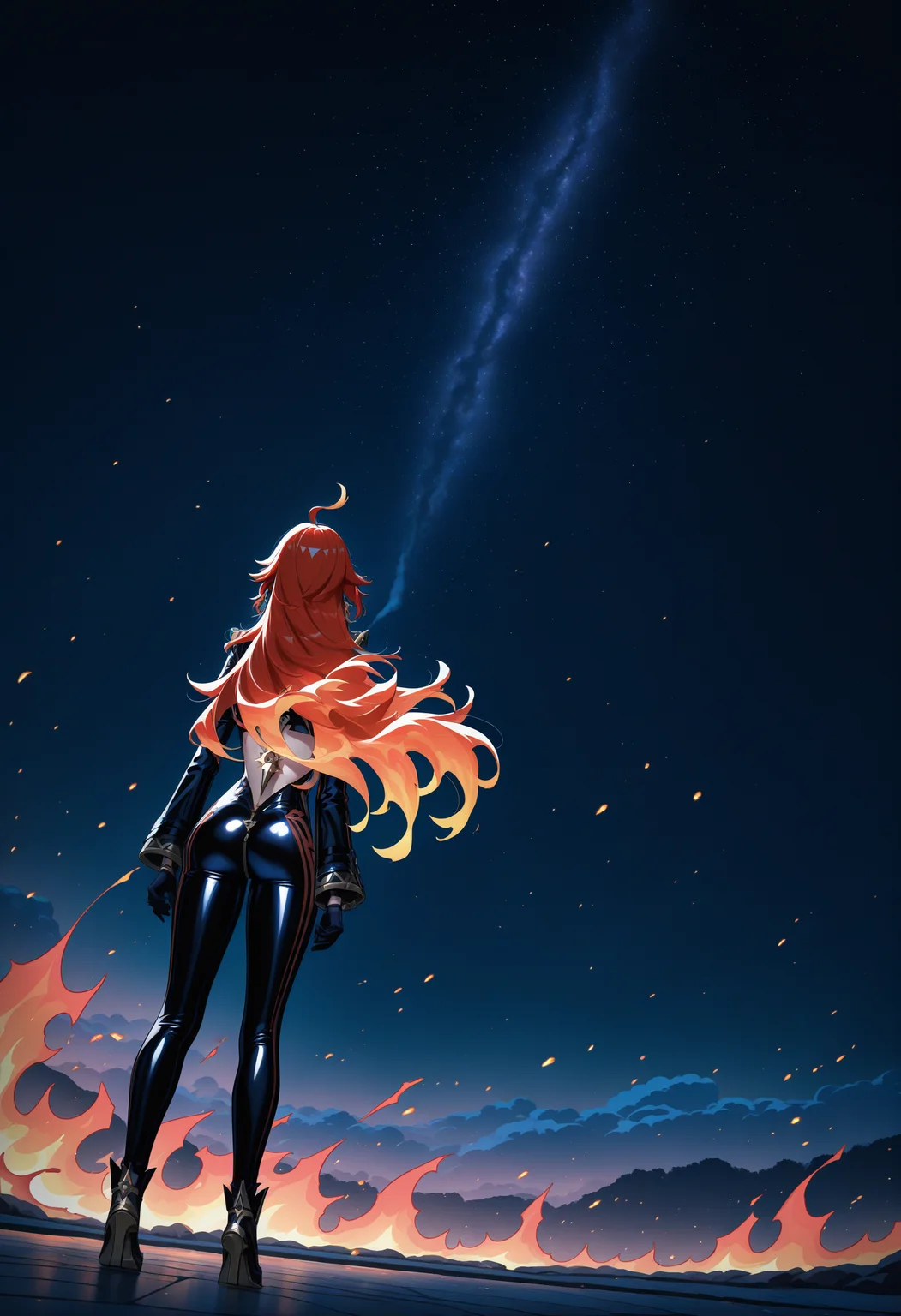 masterpiece, best quality, newest, absurdres, highres, 1girl, mavkdef, red hair, long hair, ahoge, jewelry, earrings, zipper, bodysuit, clothing cutout, black gloves, long sleeves, <lora:Mavuika_illusXLNoobAI_Incrs_v2-000009:1>,
night, dim light, dark, wide shot, scenery, from behind, fire, spot color, full body, smoke, cloud, cherry blossoms, dutch angle, starry sky,