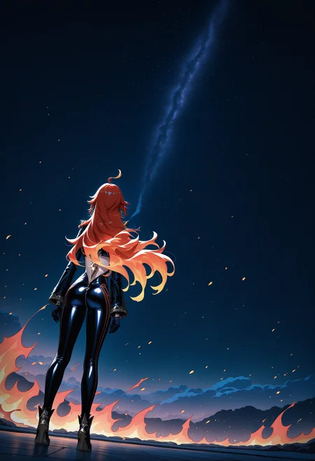 masterpiece, best quality, newest, absurdres, highres, 1girl, mavkdef, red hair, long hair, ahoge, jewelry, earrings, zipper, bodysuit, clothing cutout, black gloves, long sleeves, <lora:Mavuika_illusXLNoobAI_Incrs_v2-000009:1>,
night, dim light, dark, wide shot, scenery, from behind, fire, spot color, full body, smoke, cloud, cherry blossoms, dutch angle, starry sky,