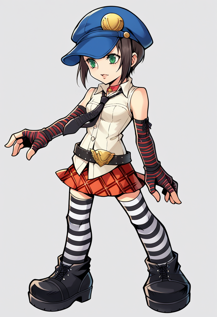 score_9, score_8_up, score_7_up, source_anime BREAK 1girl, solo,
<lora:zs_OperaOmniaStyleXL:1> operaomniastyle, full body, white background
 <lora:persona4_marie_ponyXL:1> p4marie, green eyes, blue headwear, cabbie hat, striped clothes, white shirt, sleeveless shirt, black necktie, striped gloves, elbow gloves, fingerless gloves, red skirt, plaid skirt, belt, striped thighhighs, red choker, bare shoulders