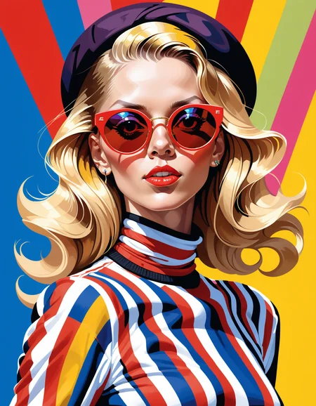 score_9, score_8_up, score_7_up, score_6_up, score_5_up, score_4_up, hud_m4x_4bstr4ct_styl, colorful, abstract, woman, long blonde hair, a hip hop 80's British model woman with 50's haircut, in a white and red zig zag stripes turtleneck dress and large sunglasses, <lora:hud_m4x_4bstr4ct_styl_XLP:1>,