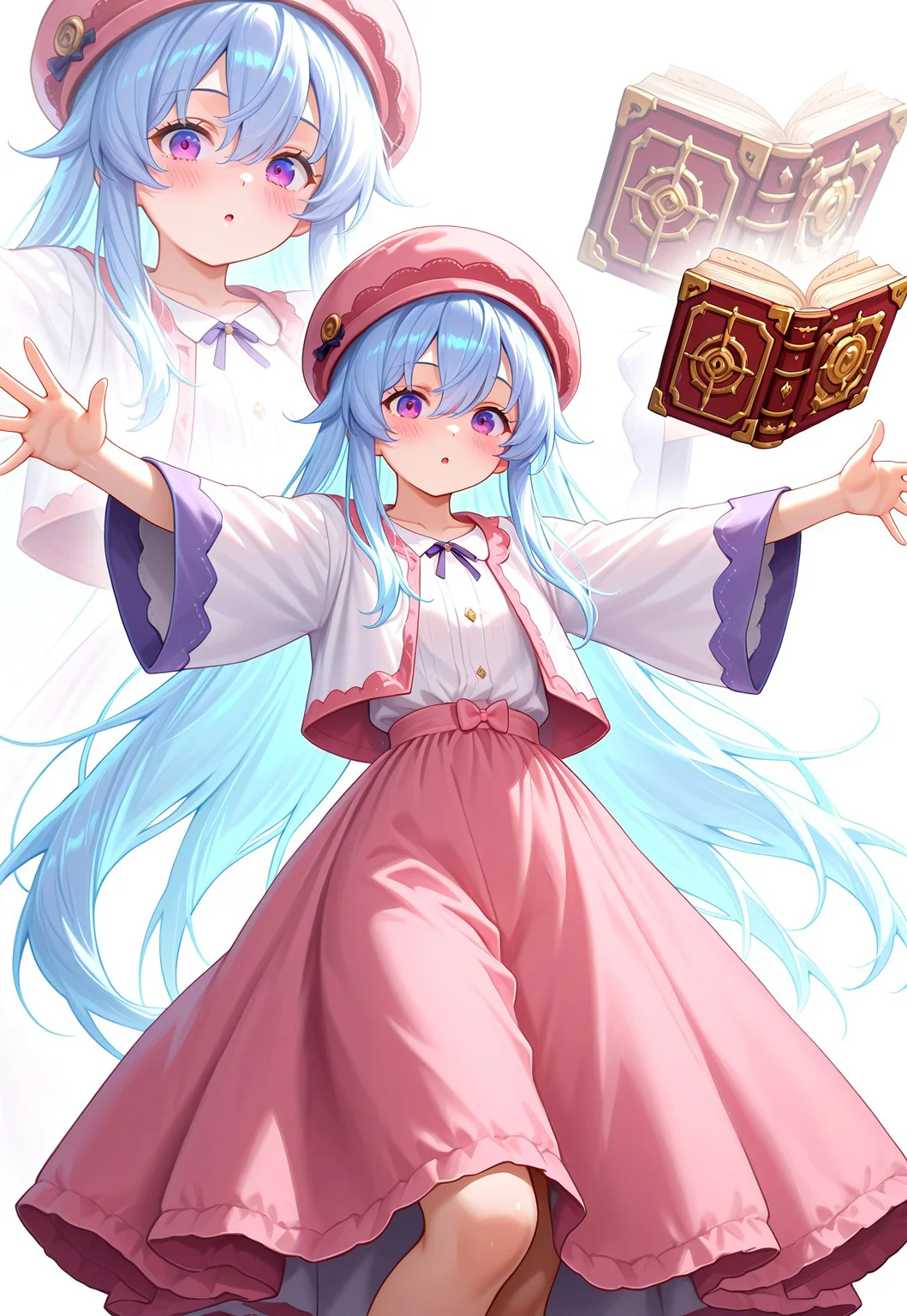 masterpiece, best quality, absurdres, very aesthetic, high score, anptzisksk, isekai, 1girl, solo, long hair, looking at viewer, blush, skirt, long sleeves, hat, dress, hair between eyes, very long hair, blue hair, purple eyes, parted lips, open clothes, wide sleeves, :o, book, outstretched arms, pink skirt, open book, spread arms, zoom layer
