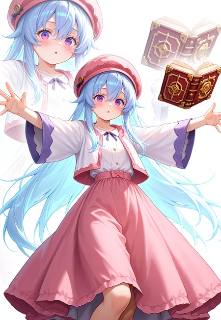 masterpiece, best quality, absurdres, very aesthetic, high score, anptzisksk, isekai, 1girl, solo, long hair, looking at viewer, blush, skirt, long sleeves, hat, dress, hair between eyes, very long hair, blue hair, purple eyes, parted lips, open clothes, wide sleeves, :o, book, outstretched arms, pink skirt, open book, spread arms, zoom layer
