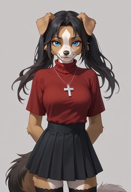 score_9, score_8_up, score_7_up, realistic style, symphtia-style, furry, anthro border collie girl, long black hair, blue eyes, light brown fur, floppy ears, medium breasts, white belly fur, red turtleneck, black skirt, stockings, twin tails, silver cross necklace,