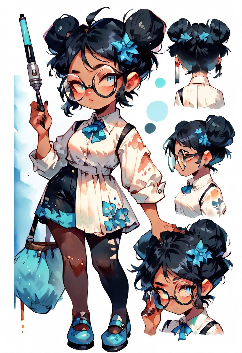 score_9, score_8_up, score_7_up, score_6_up, 1girl, solo, black hair, hair buns, big round rimless glasses, blue eyes, short, thick, shortstack, full body, white dress shirt, black shorts, mary janes, black leggings, holding pointer, adventurer, CharacterDesignXL, character sheet, Watercolor,