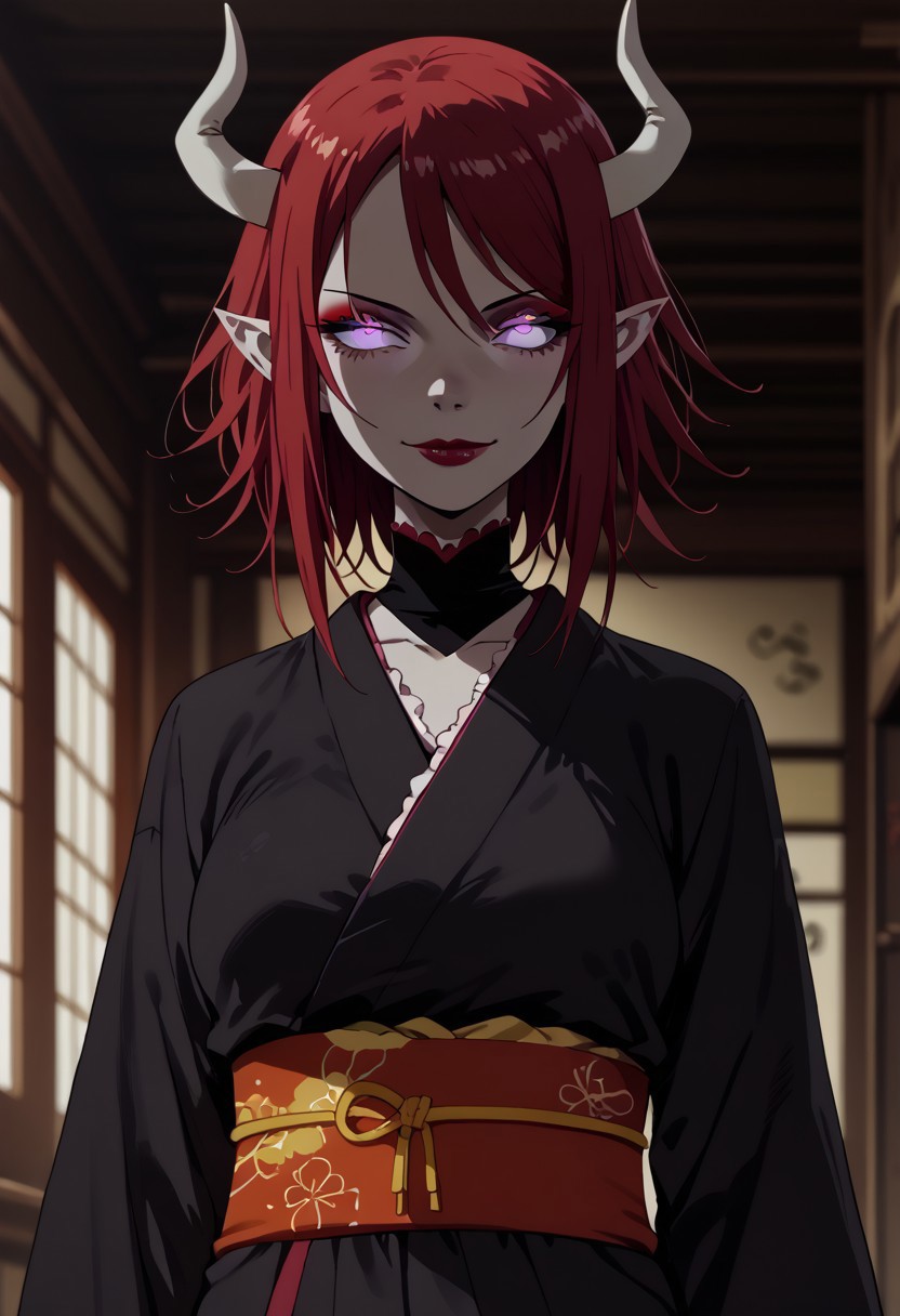 zPDXL3, score_9_up, score_8_up, score_7_up, (Anime_source), 1girl, standing, looking at viewer, Cattleya, purple eyes, red hair, dark-skinned female, lipstick, buttom eyes, eyeshadow, closed mouth, seductive smile, lusty face, Kimono, black Kimono, flowery dress, slit pupils, white pale skin, small black demon horns, pointy ears, glowing eyes, sinozick style, flat color, dark theme, background, interior, bedroom