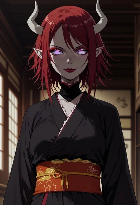 zPDXL3, score_9_up, score_8_up, score_7_up, (Anime_source), 1girl, standing, looking at viewer, Cattleya, purple eyes, red hair, dark-skinned female, lipstick, buttom eyes, eyeshadow, closed mouth, seductive smile, lusty face, Kimono, black Kimono, flowery dress, slit pupils, white pale skin, small black demon horns, pointy ears, glowing eyes, sinozick style, flat color, dark theme, background, interior, bedroom