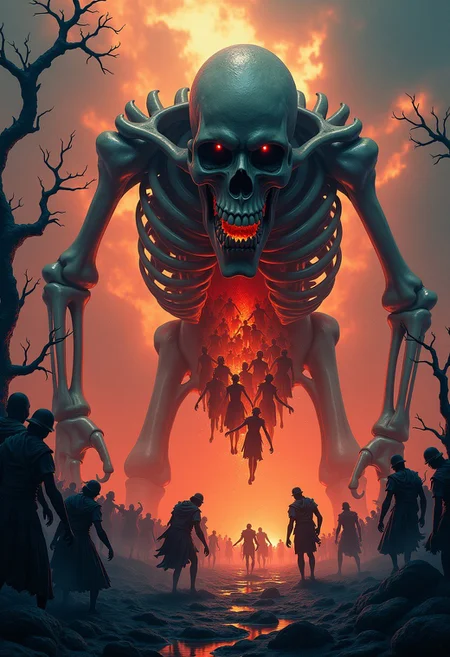 A colossal, grimacing skeleton, illuminated by fiery, hellish light, devouring a horde of terrified humans, its mouth agape, as the victims tumble out of its ribcage, plummeting to the dark, foreboding ground below. The humans are dressed in tattered, medieval attire, with some clinging to the skeleton's bony fingers, while others sprawl, broken, across the rocky terrain. In the background, twisted, gnarled trees loom, like grasping fingers, set against a vibrant, eerie sky, ablaze with hues of indigo, crimson, and gold, evoking a sense of impending doom. Inspired by the dark fantasy of Zdzisław Beksiński, the atmospheric lighting of Ash Thorp, and the intricate details of Simon Stalenhag, this 8k matte painting should resemble a dynamic, Unreal Engine 5 splash screen, trending on Artstation, with deep, rich colors and a strong emphasis on complementary hues, culminating in a haunting, nightmarish scene that showcases the fantastical horrors of a dark, mythical realm.