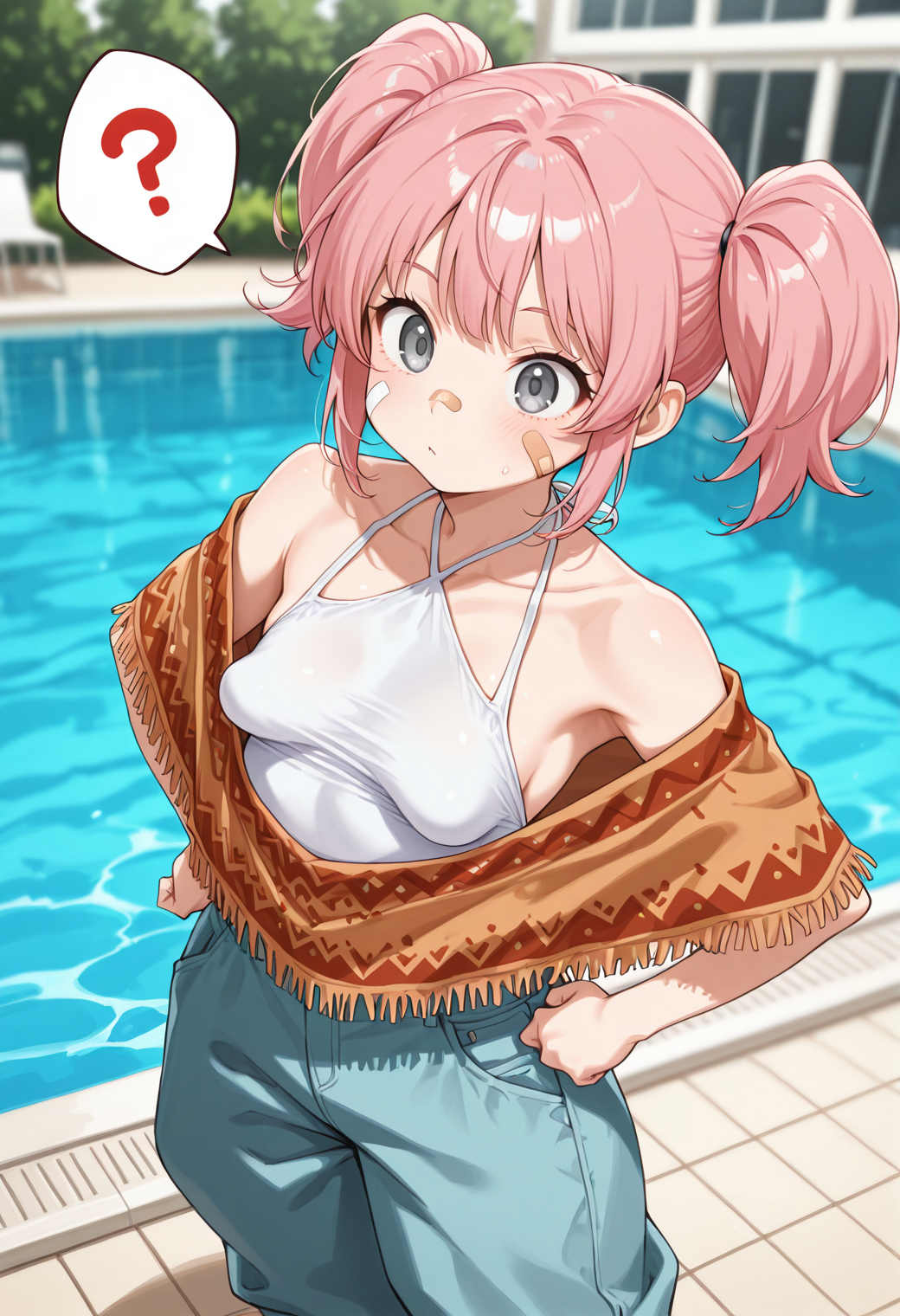 (detailed background:1.1), (bloom, depth of field, blurry background:1.2), from above , pool , (dynamic pose:1.3), safe
BREAK,
(1girl, solo), pink  hair, short  hair, twintails , medium bangs , grey  eyes   , standing, hand on own hip   , confused, spoken question mark , (shortstack:1.3) , small breasts , sagging breasts ,
BREAK
halter top, shirt , poncho  , baggy pants   , bandaid on face  
<lora:Gegera_Style_Illustrious:1>