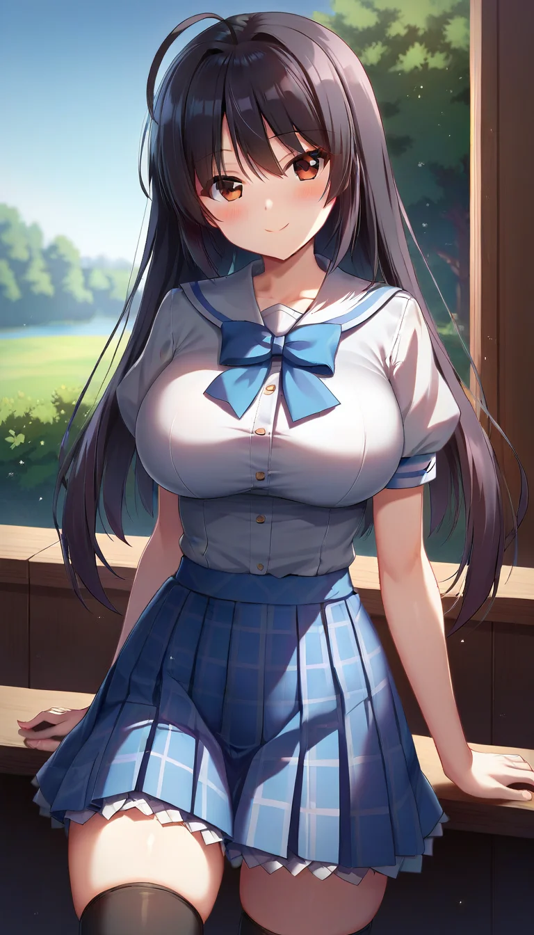 score_9,score_8_up,masterpiece,best quality,correct anatomy,anime_source,1girl,solo,perfect eyes,perfect arms,perfect legs,perfect face,outdoors,upper body,(portrait:1.5),looking at viewer,facing viewer,smile,blush,Toono Ren,ahoge,long hair,black hair,sidelocks,bangs,red eyes,school uniform,white sailor collar,white shirt,center frills,blue bowtie,puffy short sleeves,large breasts,skindentation,miniskirt,blue skirt,plaid skirt,frilled skirt,thighs,zettai ryouiki,black thighhighs,thigh ribbon,loafers,<lora:Toono Ren(np)-Pony:1.4>,