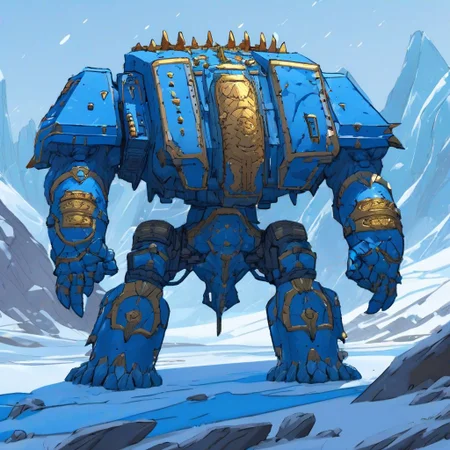 a four meter tall blue with gold trim non-binary themed drdnght machine with heavy gun and rocket pod walks through icy tundra searching for enemies who hide behind frozen trees and boulders waiting in ambush, fire and flames spit from its flamethrower,